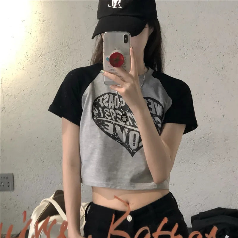 Heart Patchwork Short Sleeve Crop Top