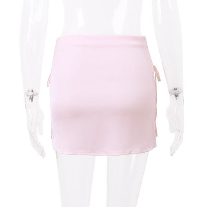 Pink Satin Bow Lace Up Mini Skirt