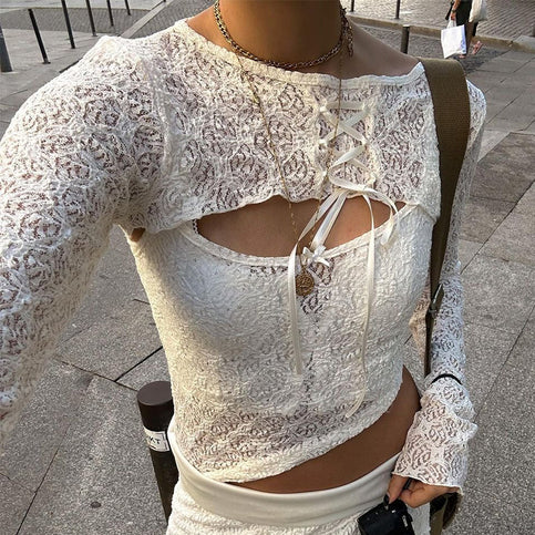 White Mesh Lace Long Sleeve Shirt