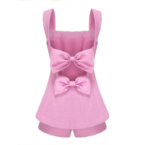 2PCs Pink Tweed Square Collar Top + Shorts Set