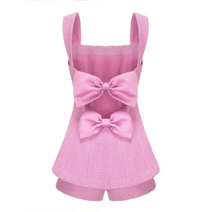 2PCs Pink Tweed Square Collar Top + Shorts Set