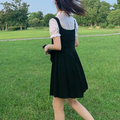 Cute Preppy Puff Sleeve Shirt Pleated Dress Set Student Aesthetic Casual E-Girl Kawaii Korean Japanese Harajuku