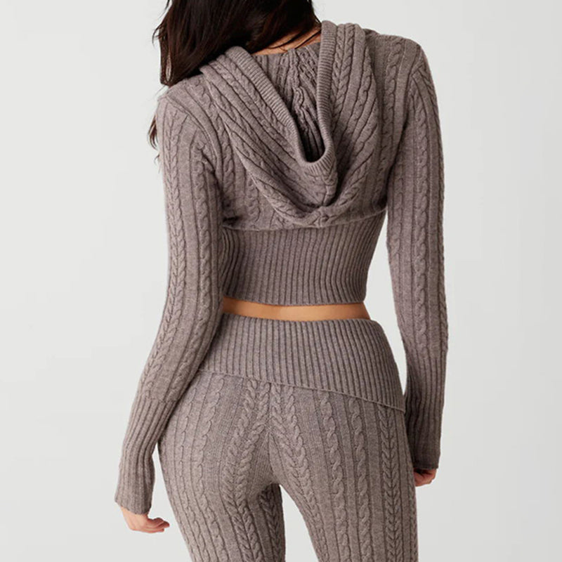 2PCS Twist Knit Hooded Zipper Sweater + Shorts