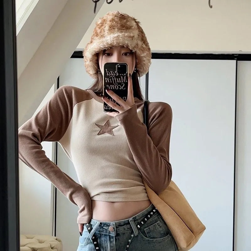 Brown Star Patchwork Long Sleeve T-shirt