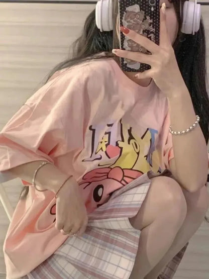Pink Anime Cartoon Print Short Sleeve T-shirt
