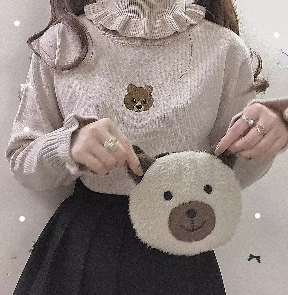Cute Bear Embroidery Turtleneck Vintage Sweater High Neck Ruffle Pullover Long Sleeve Knit E-Girl Kawaii Korean Japanese Harajuku Streetwear