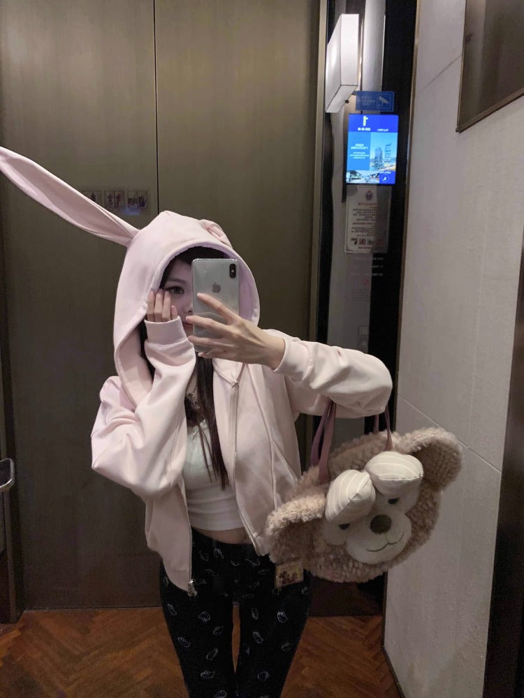 Pink Rabbit Ear Zipper Hoodie