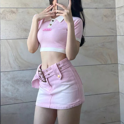 Pink Denim Low Waist Belt A-Line Skirt