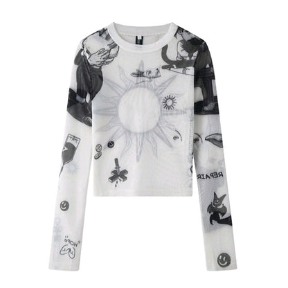 White Sun Mesh Transparent Long Sleeve Shirt
