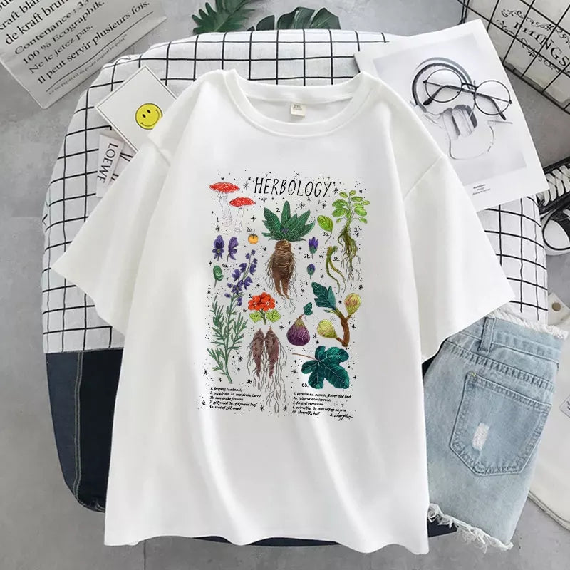 Cute Herbology Plant Mushroom Cartoon Print Loose Oversize Short Sleeve T-shirt Punk Aesthetic Casual Summer E-Girl Kawaii Korean Japanese Harajuku