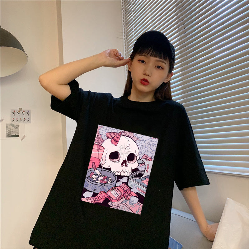 Cute Black Skull Goth Punk Print Cartoon Loose Short Sleeve Short T-shirt Tee Top Summer Casual E-Girl Kawaii Korean Japanese Harajuku Streetwear