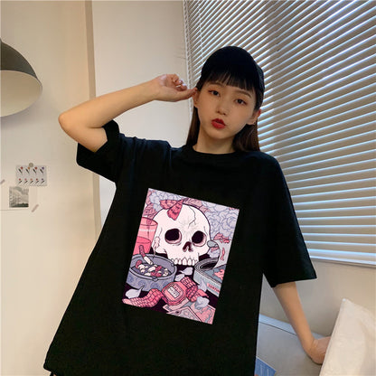 Cute Black Skull Goth Punk Print Cartoon Loose Short Sleeve Short T-shirt Tee Top Summer Casual E-Girl Kawaii Korean Japanese Harajuku Streetwear
