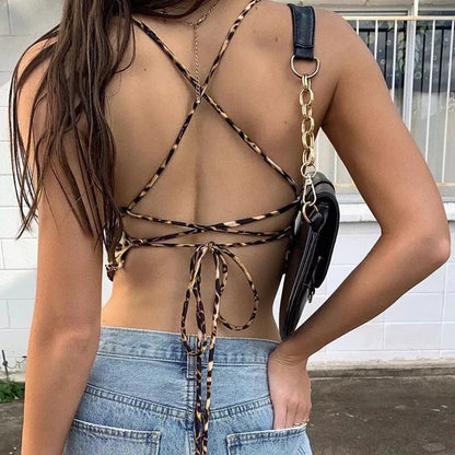 Sexy Leopard Backless Camisole Lace Up Spaghetti Strap Tank Crop Top Bandage Open Back Aesthetic E-Girl Kawaii Korean Japanese Harajuku Streetwear