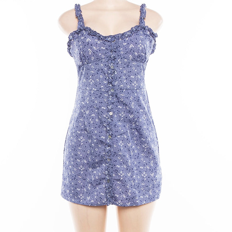 Cute Summer Fit Flare Sexy Flower Print Button Dress Kawaii Korean Japanese Harajuku Chinese Retro Streetwear Aesthetic Fashion