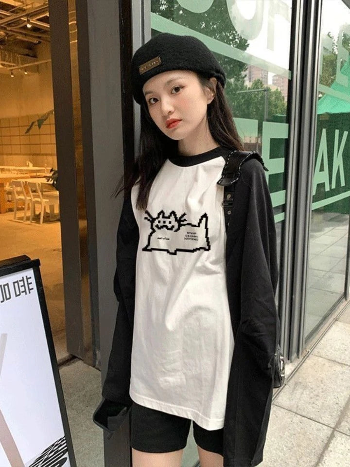 Cat Pixel Print Long Sleeve Shirt