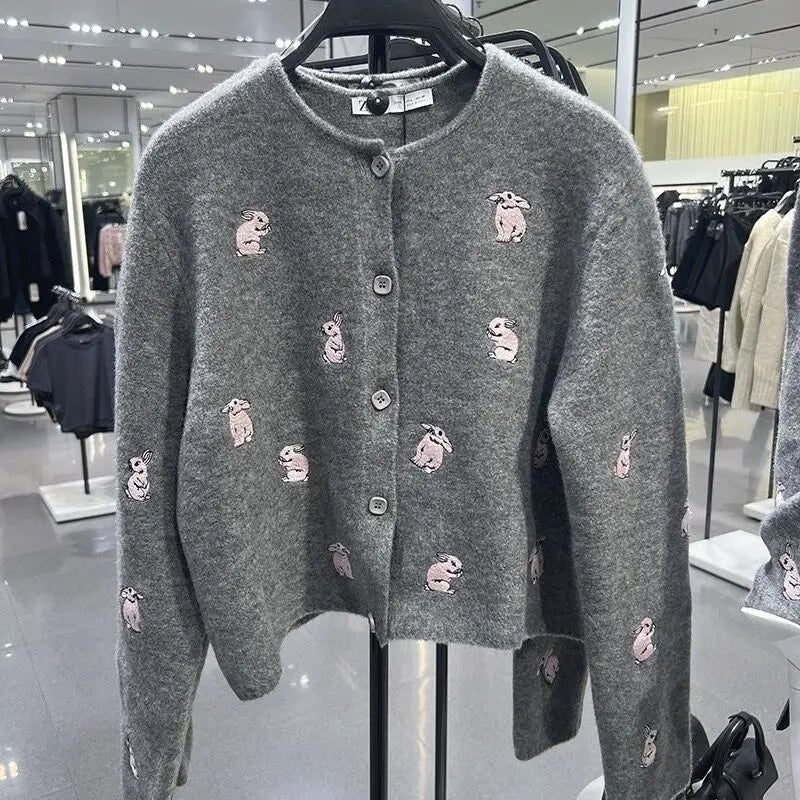 Grey Rabbit Embroidery Knit Cardigan