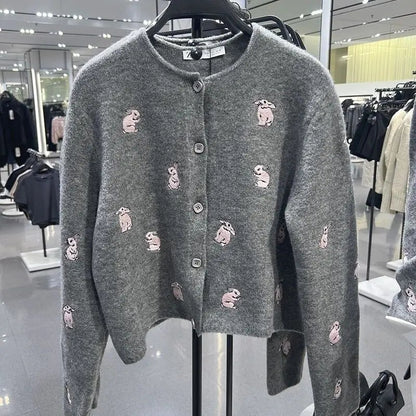 Grey Rabbit Embroidery Knit Cardigan