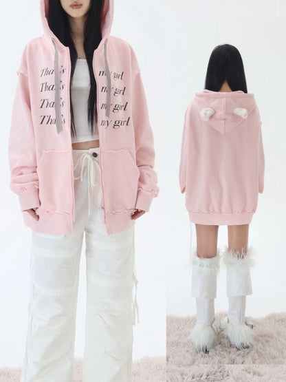 Pink Fluffy Cat Ears Letter Print Sweatshirt
