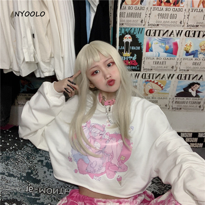 Sweet Anime Girl Cartoon Print Loose Long Sleeve Sweatshirt Sweater Pullover Jumper Autumn Causal E-Girl Kawaii Korean Japanese Harajuku Streetwear