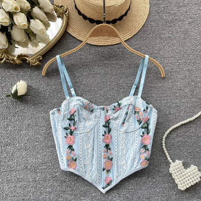 Blue Floral Embroidery Corset Top