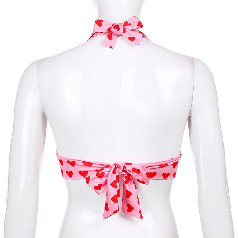 Cute Pink Heart Print Halter Bustier Crop Top Sleeveless Backless Lace Up Bralette Summer Casual E-Girl Kawaii Korean Japanese Harajuku Streetwear