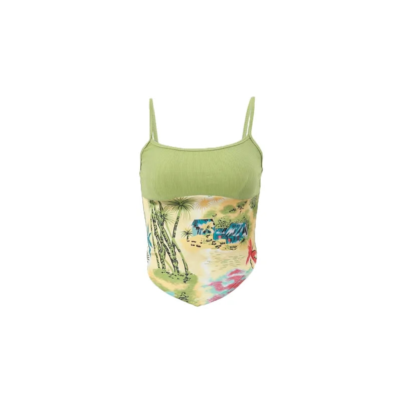 Green Vacation Print Patchwork Tank Top