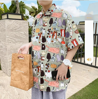 Cute Vintage Unisex Cat Cartoon Print Loose Short Sleeve Shirt Button Up Aesthetic Casual Summer E-Girl Kawaii Korean Japanese Harajuku