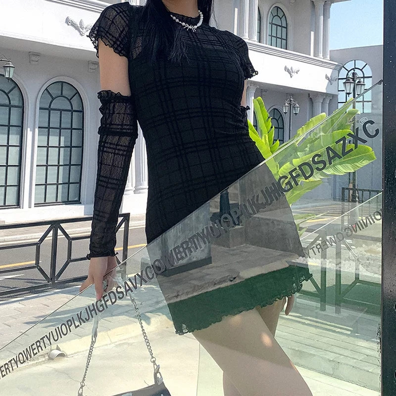 Cute Black Patchwork Plaid Detachable Sleeves Mini Dress Summer Aesthetic Casual E-Girl Kawaii Korean Japanese Harajuku