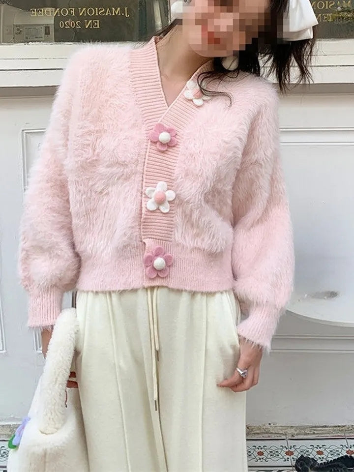 Fluffy Flower Button Cardigan