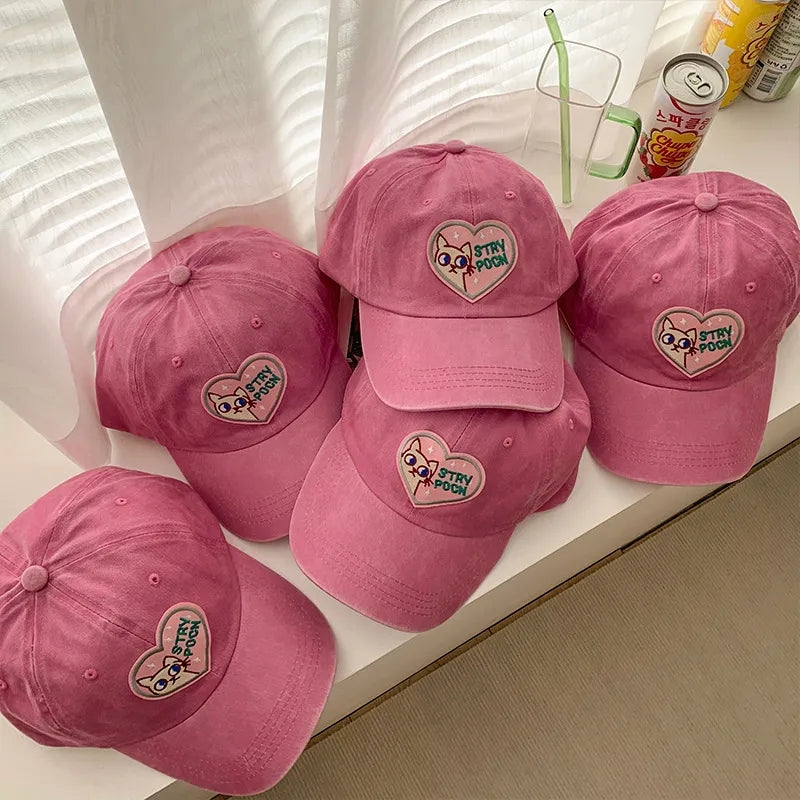 Pink Cat Heart Embroidery Baseball Hat