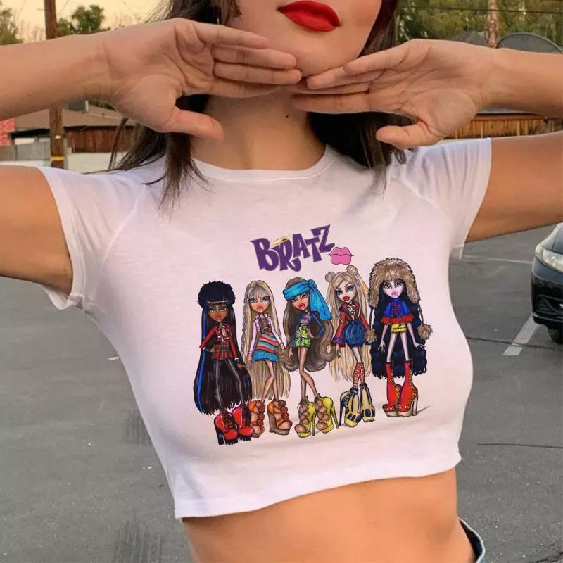 Doll Cartoon Graphic Print White Short Sleeve T-shirt