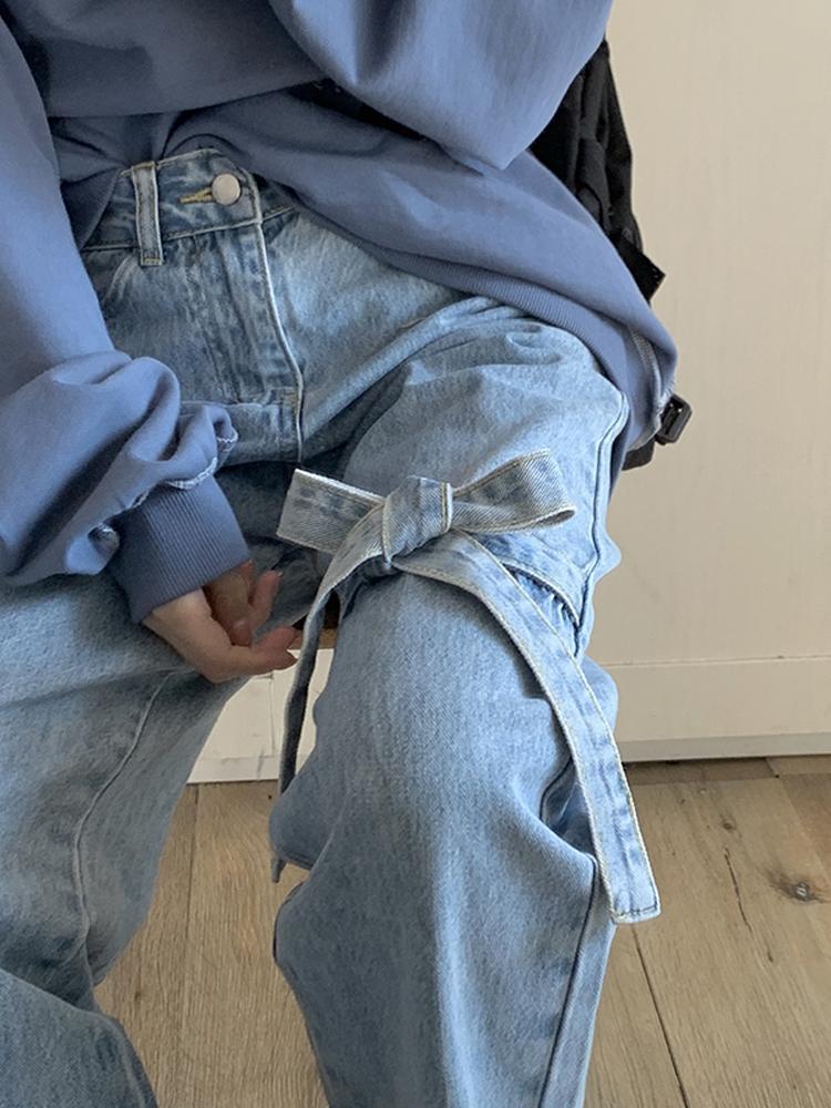 Bow High Waist Straight Leg Jeans