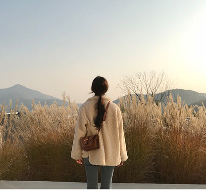 Cute Teddy Fur Coat Thick Autumn Loose Button Plush Jacket E-Girl Kawaii Korean Japanese Harajuku Retro Streetwear Fashion