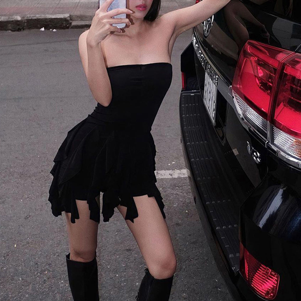 Black Ruffle Tassel Mini Dress