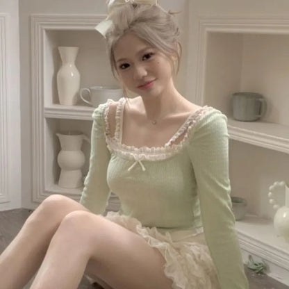 Green Lace Bow Long Sleeve Shirt