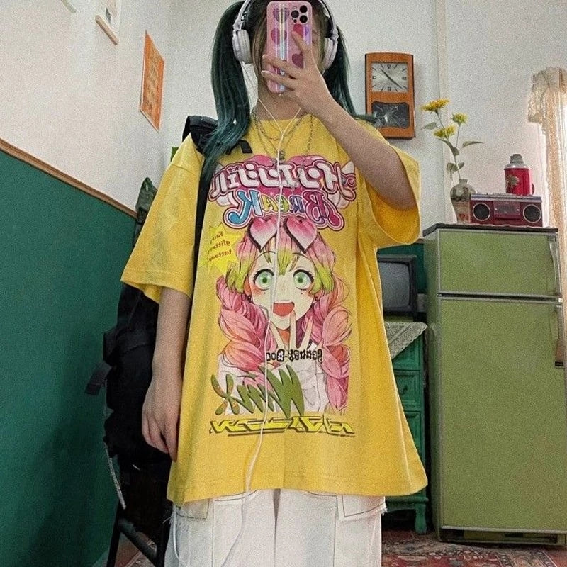 Cute Anime Girl Cartoon Graphic Print Retro Vintage White Oversize T- Shirt Top Aesthetic Casual Summer E-Girl Kawaii Korean Japanese Harajuku