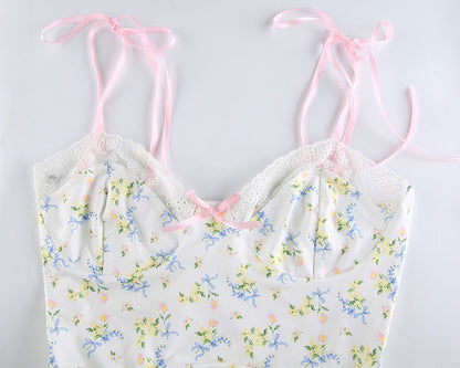 Lace Frill Floral Print Crop Top Summer Sleeveless Camisole Causal E-Girl Kawaii Korean Japanese Harajuku Streetwear