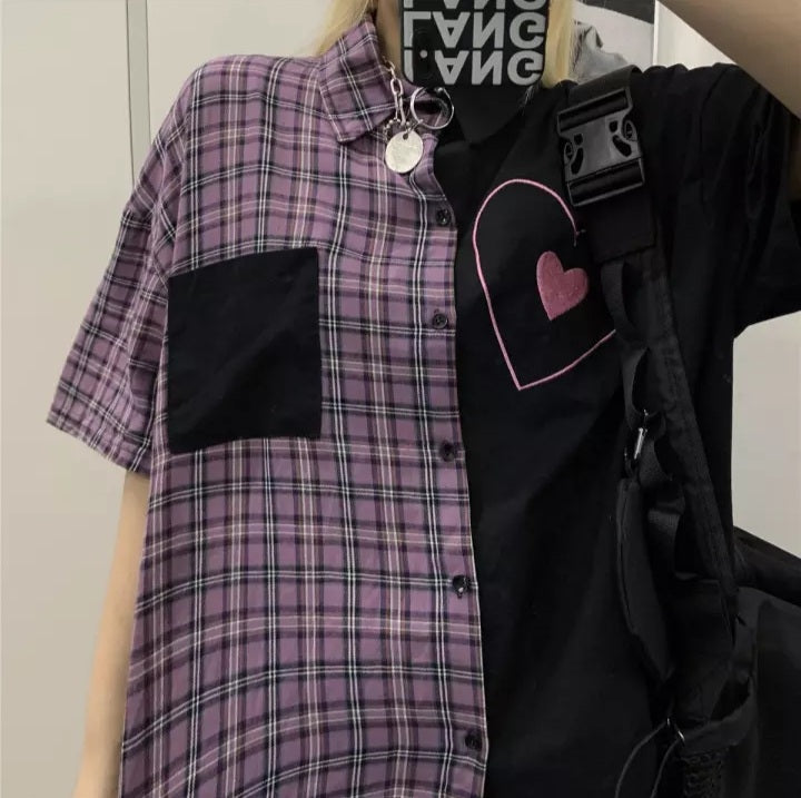 Cute Heart Pocket Plaid Patchwork Vintage Blouse Short Sleeve T- Shirt Top Aesthetic Casual Summer E-Girl Kawaii Korean Japanese Harajuku