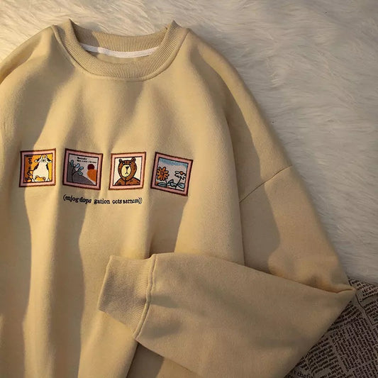 Cute Picture Frame Embroidery Velvet Thick Round Neck Sweatshirt Oversize Hoodie Pullover Sweater E-Girl Kawaii Korean Japanese Harajuku Streetwear