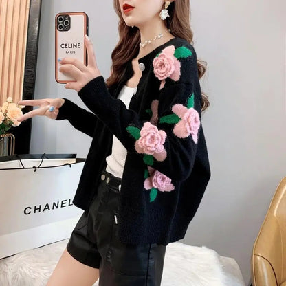 Rose Embroidery Button Up Cardigan