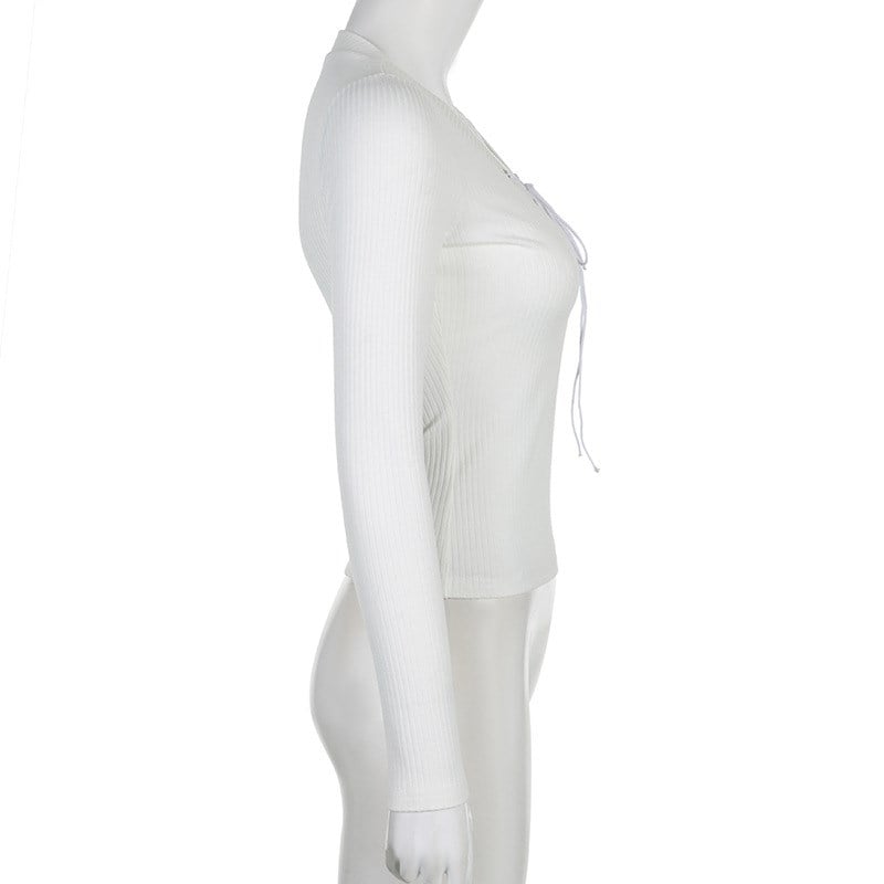 White Knit V Neck Long Sleeve Shirt