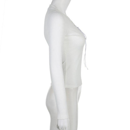 White Knit V Neck Long Sleeve Shirt