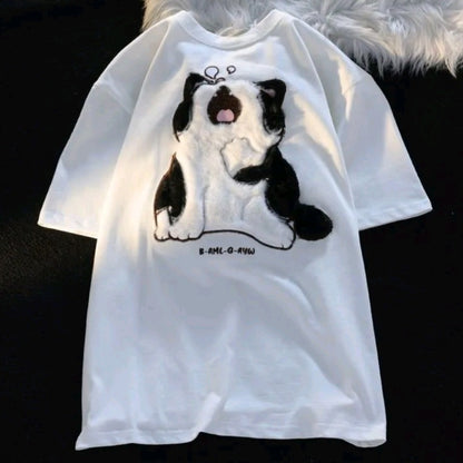 Fluffy Yawning Cat Print Short Sleeve T-shirt