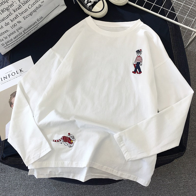 Cute Casual Summer Cartoon Funny Embroidery Loose Oversized Long Sleeve Tee Shirt T-shirt Top E-Girl Kawaii Korean Japanese Harajuku Retro Streetwear