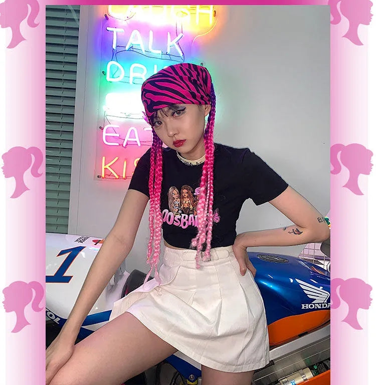 Sexy Pink Cartoon Doll Print Short Sleeve Shirt Crop Top Tee T-shirt Top Causal Summer E-Girl Kawaii Korean Japanese Harajuku Streetwear