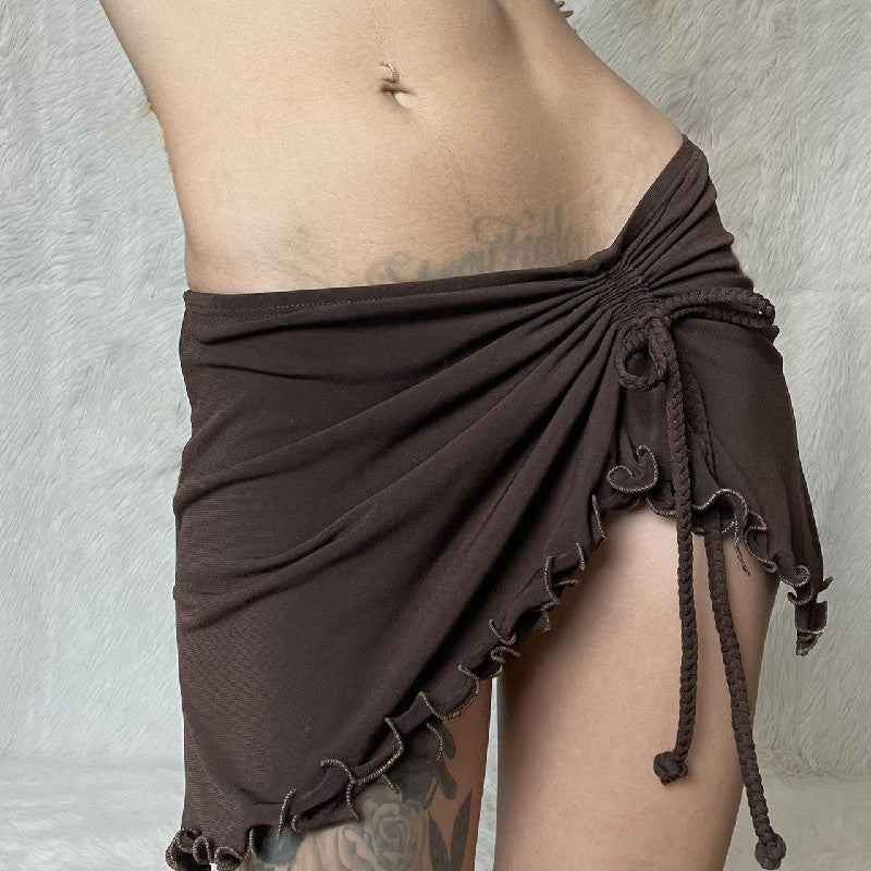 Brown Y2k Irregular Drawstring Low Waist Mini Skirt