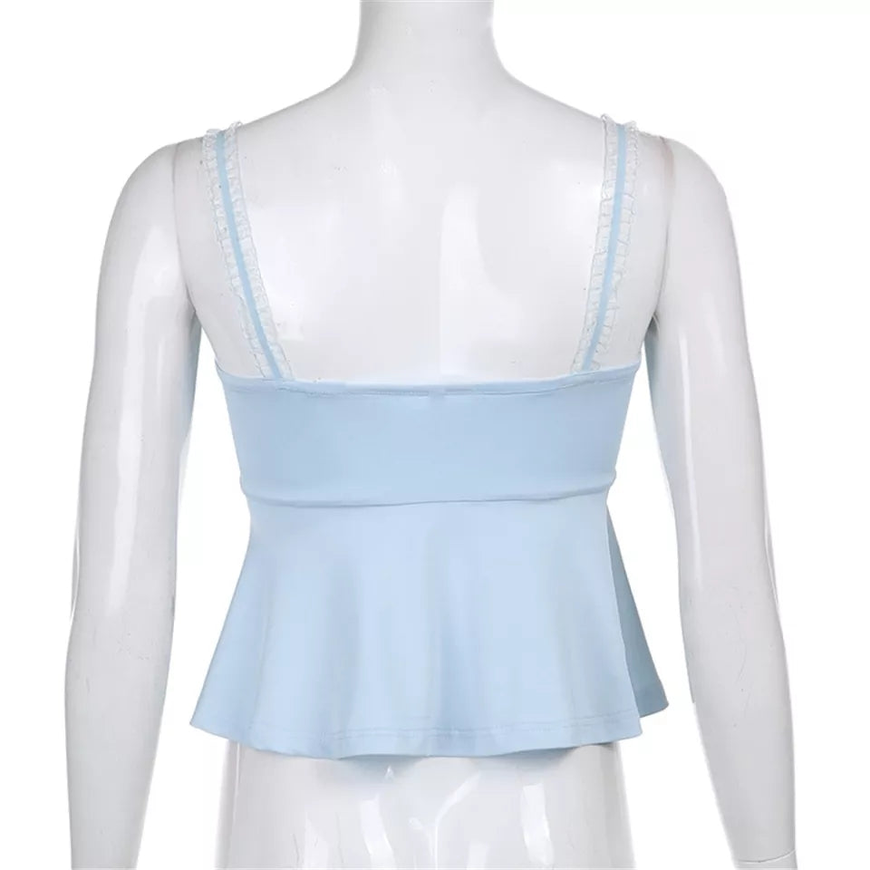 Blue Square Neck Elegant Ruffle Hem Camisole