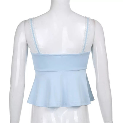 Blue Square Neck Elegant Ruffle Hem Camisole