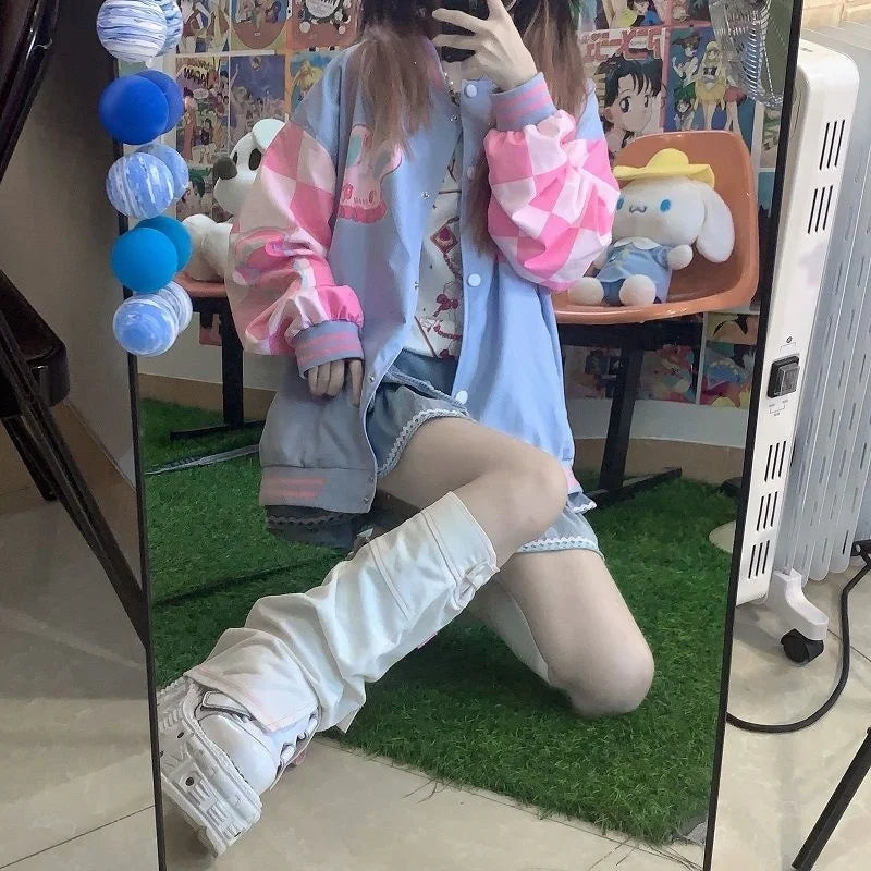 Blue & Pink Rabbit Patchwork Varsity Jacket