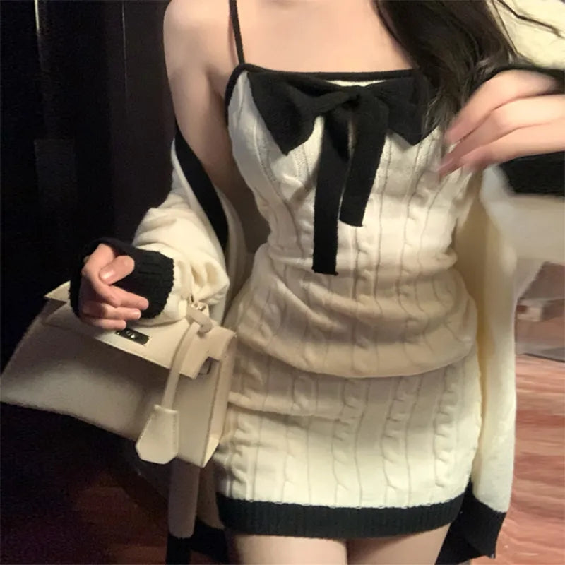 2 Piece White Knit Bow Dress + Sweater